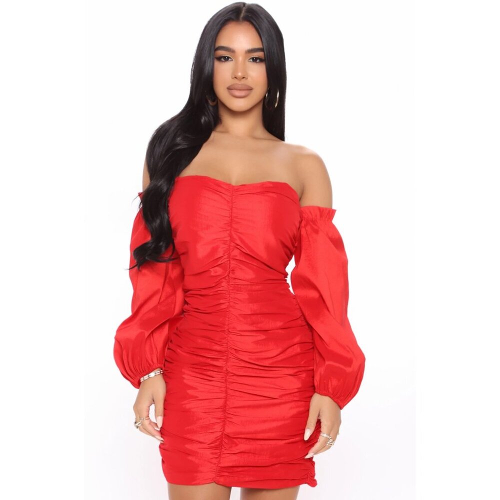 Fashion Nova ✦ Halle Ruched Mini Dress ✦ Red Off-Shoulder Balloon Sleeve M NWT